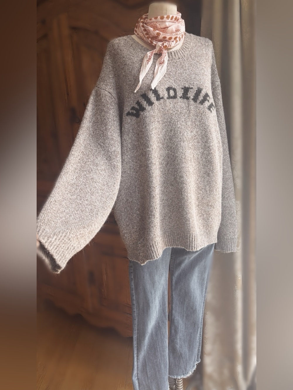 Brown Tweed Wildlife Distressed Crew Neck Sweater Oversized Grunge Boho XXL
